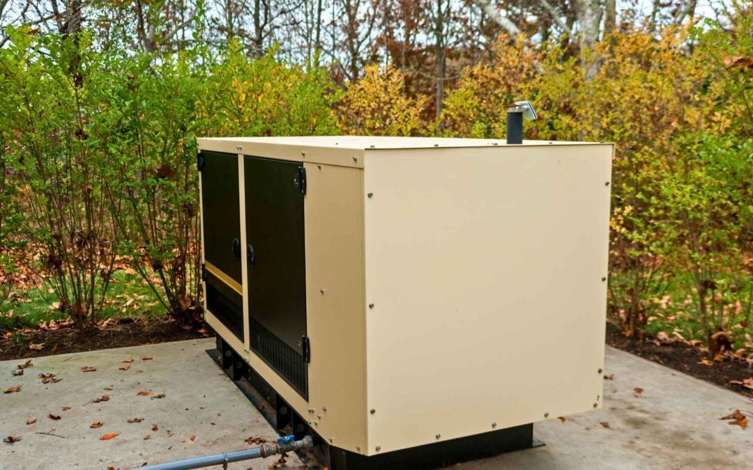 home generator outside forest home with concrete pad tan generator power